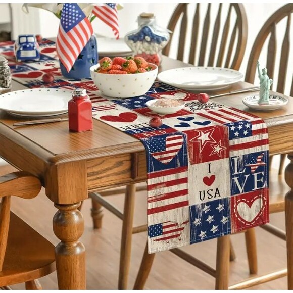 Table runner 13x72in American Flag I love USA Patriotic Linen God Bless America - Picture 2 of 2